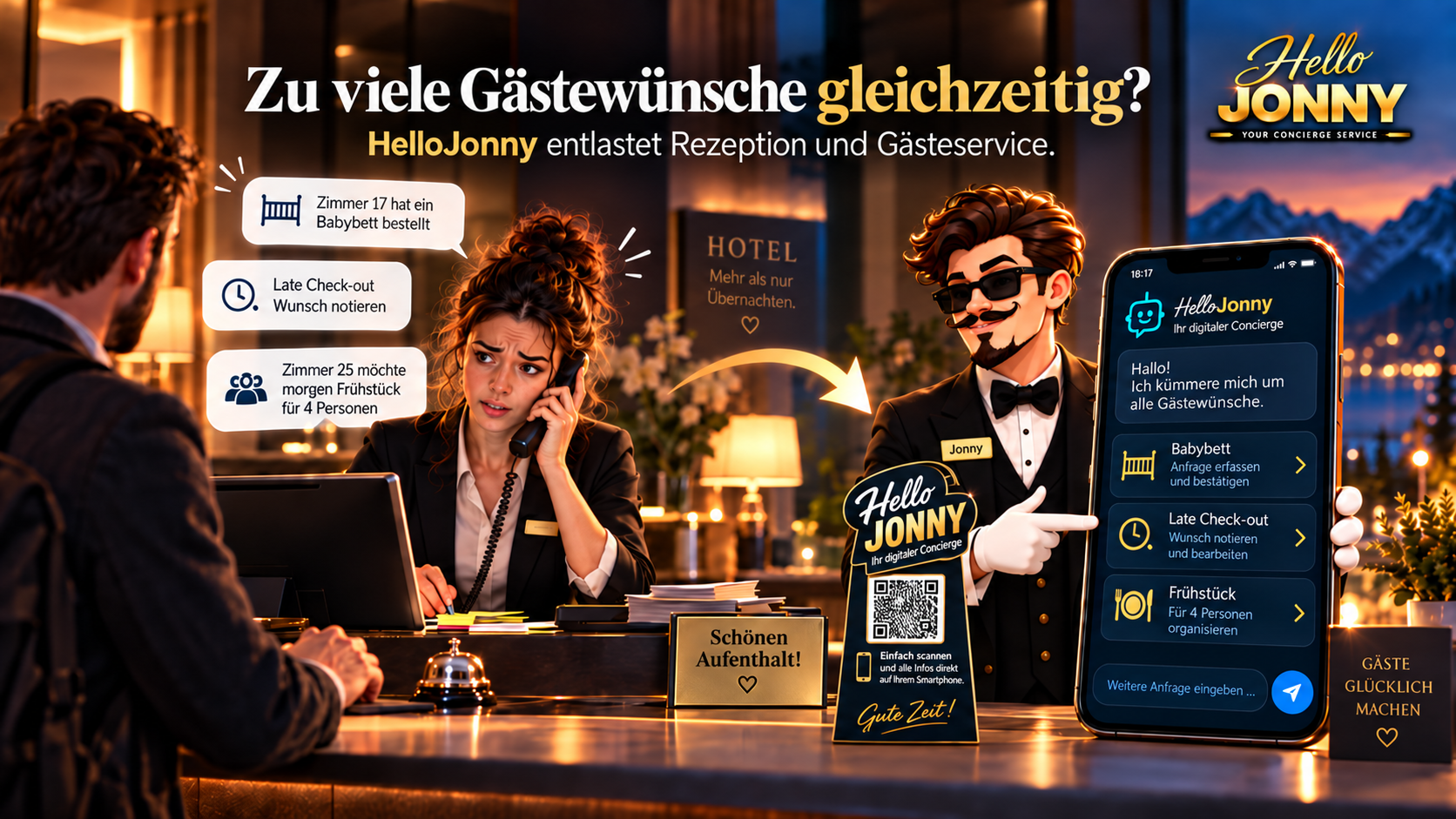HelloJonny unterstützt Rezeption und Gästeservice bei mehreren gleichzeitigen Gästewünschen
