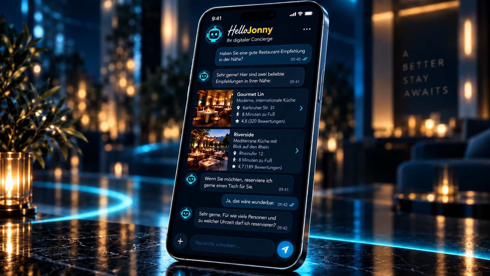 HelloJonny Chat mit Restaurantempfehlungen auf dem Smartphone